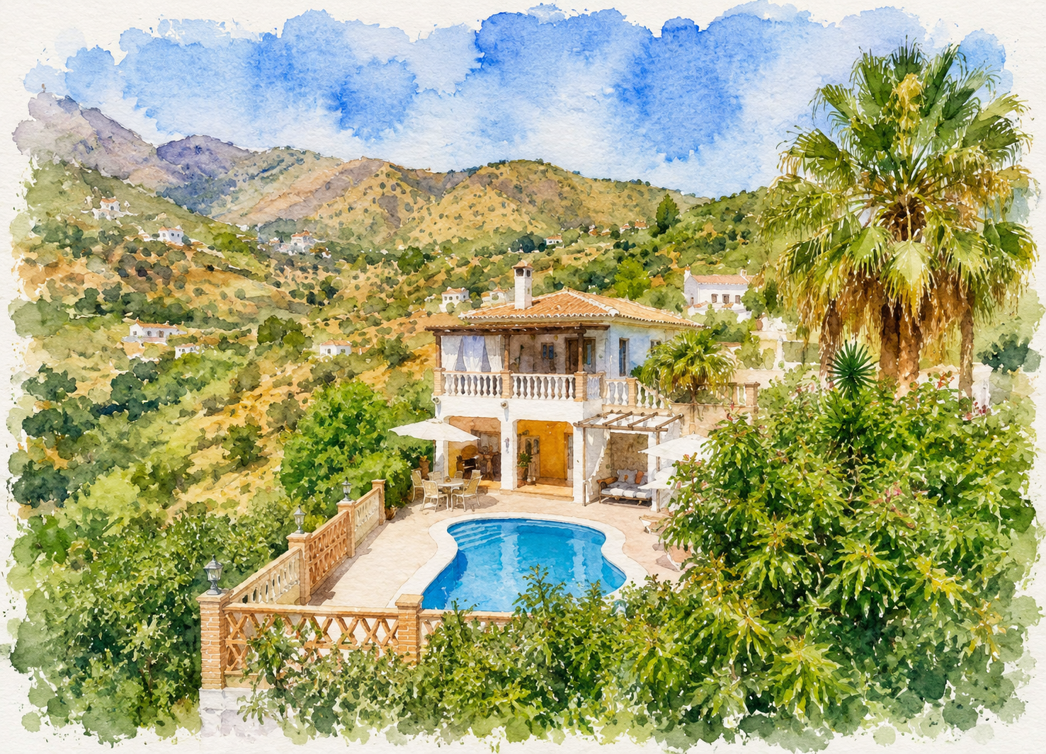 Aquarell-Illustration der Villa Lorena mit Pool, Terrasse und Blick auf die Berge bei Frigiliana